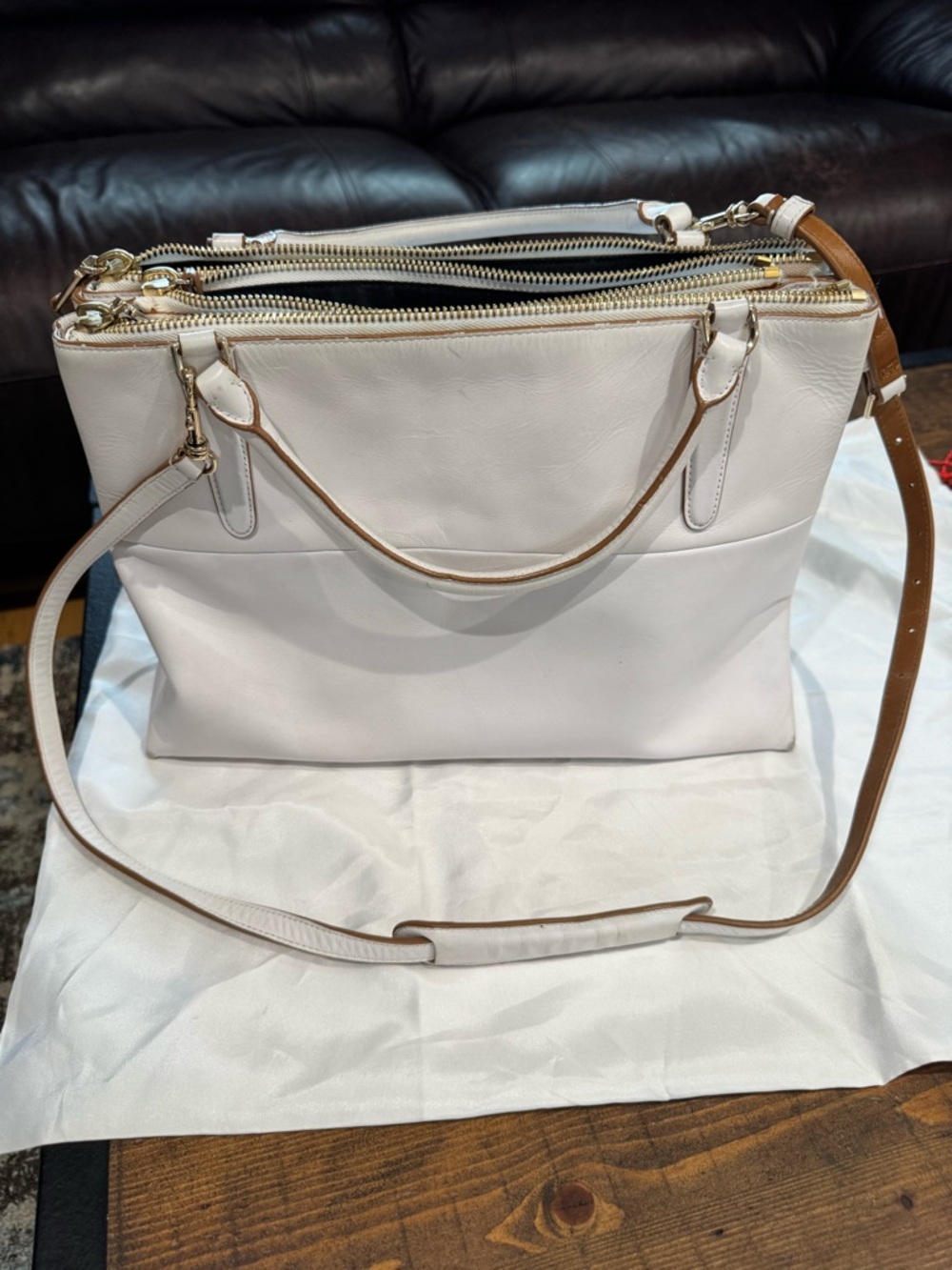 Coach borough tote in white with tan trim